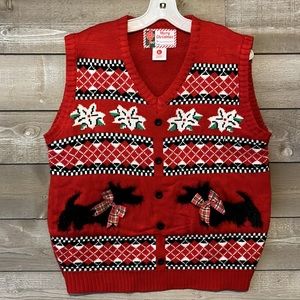 LARGE Ugly Merry Christmas Sleeveless Sweater Vest Black Dogs Preowned V-Neck